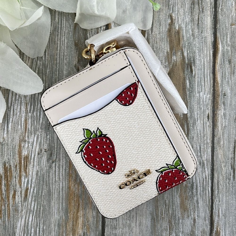 Coach Zip Card Case With Strawberry Print Wallet Bag Purse - Picture 3 of 11